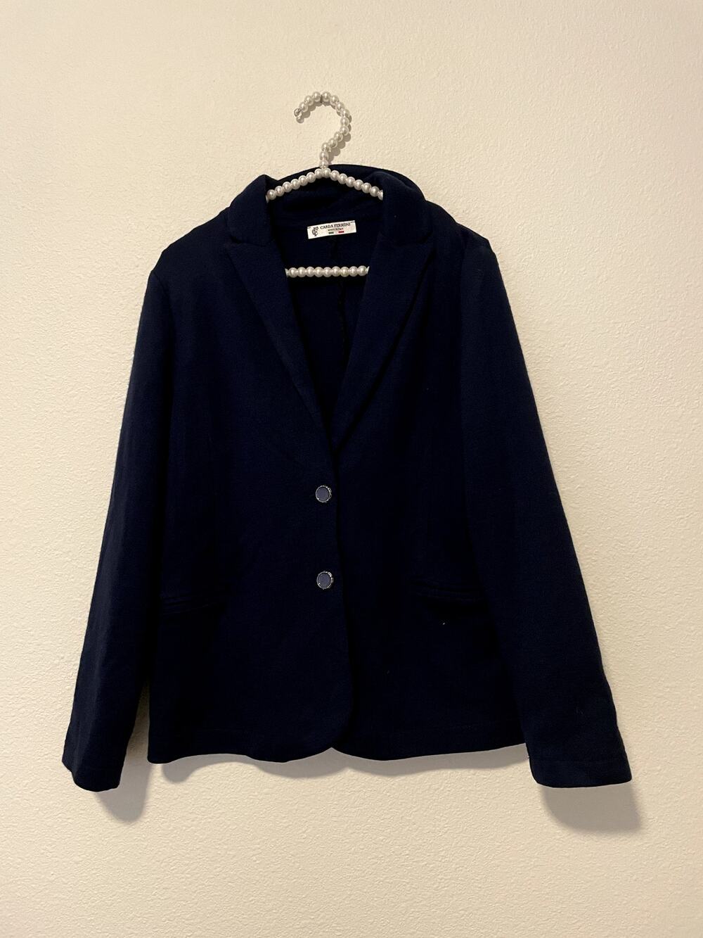 Vintage Carla Ferroni Merino Wool Blazer Navy Blue Preppy Dark Academia 90's